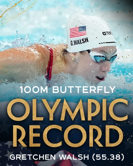 "100M Butterfly OLYMPIC RECORD Gretchen Walsh (55.38)"

with a photo of Walsh in action swimming