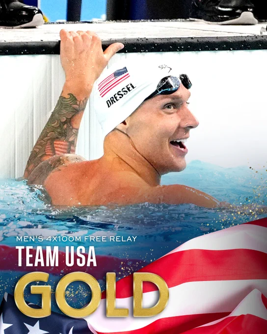 "Men's 4x100M Free Relay GOLD Team USA"

with a photo of Caeleb Dressel smiling in the pool