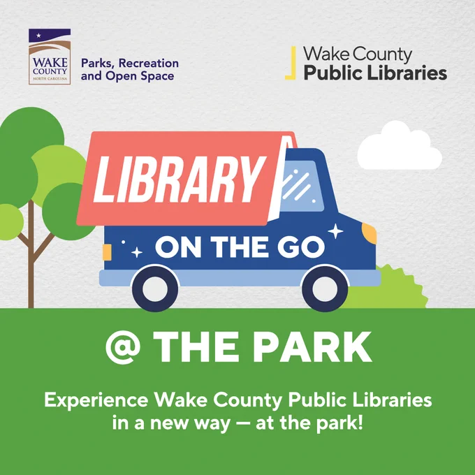 Promotional graphic for the Library on the Go @ The Park program.
