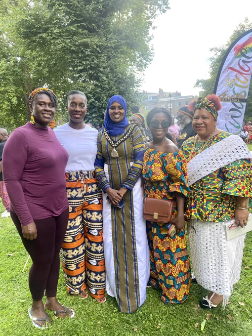 Southwark Councillors Natasha Ennin, Evelyn Akoko, Suzanne Abachor with the Mayor of Southwark & Florence Eshalomi MP at the Akwasidae Ghanaian festival.