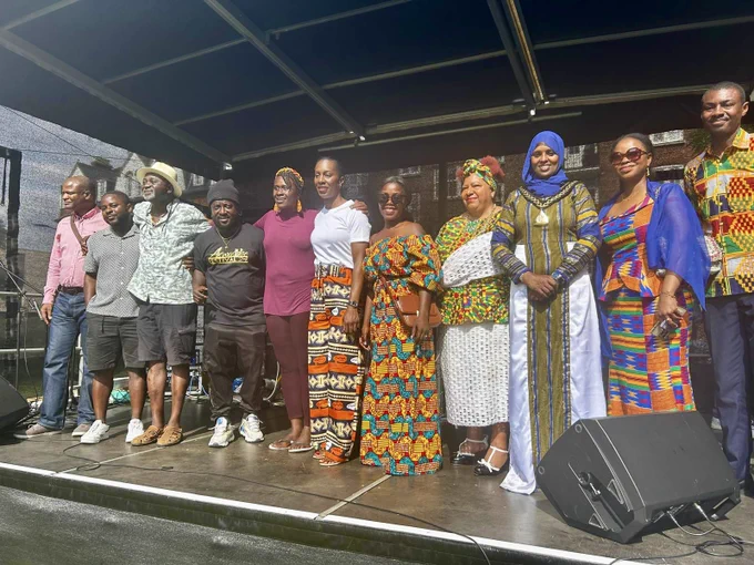 Southwark Councillors Martin Seaton, Reginald Popoola, Sunny Lambe, Natasha Ennin, Evelyn Akoko, Suzanne Abachor with the Mayor of Southwark & Florence Eshalomi MP on stage at the Akwasidae  Ghanaian festival.