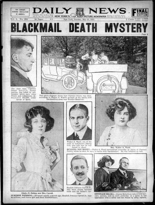 "Blackmail Death Mystery" New York Daily News headline from the 1920s
