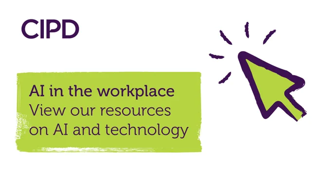 CIPD branded graphic with an arrow illustration and text saying: "AI in the workplace. View our resources on AI and technology". White background with lime green and dark purple accents.