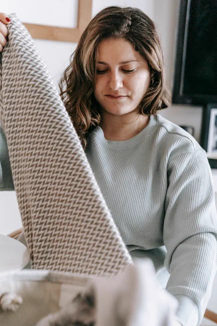 Focused woman folding scarf in room