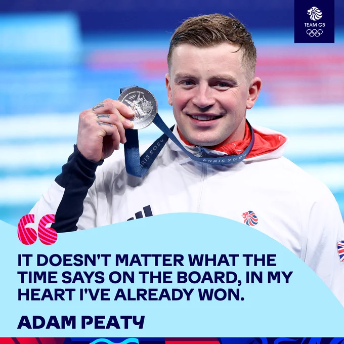 Quote graphic from Adam Peaty following his silver medal in the men's 100m breaststroke final: "It doesn't matter what the time says on the board, in my heart I've already won."