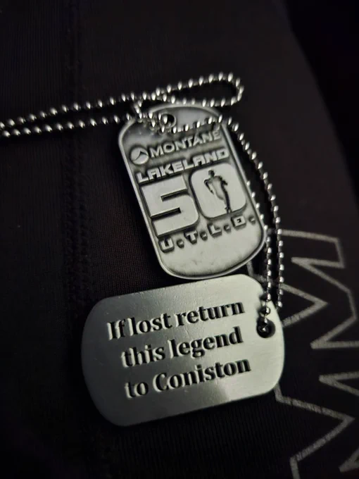 Montane Lakeland 50 and 100 dog tags, if lost return this legend to Coniston. 
