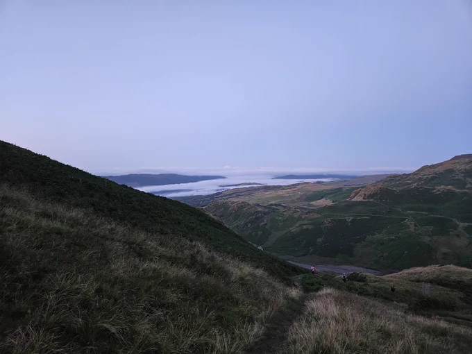 Descent to Coniston, clouds hanging over Coniston Water.