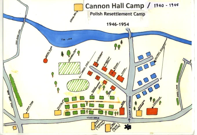 Hand-drawn map of Cannon Hall Camp, a Polish resettlement site from 1946-1954. It shows various labeled buildings, pathways, and landmarks like "The Lake," vegetable plots, a football field, and residential barracks. A key dates the camp from 1940 to 1945.