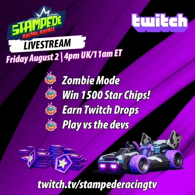 Graphic promoting a Stampede: Racing Royale Twitch stream on August 2, 2024