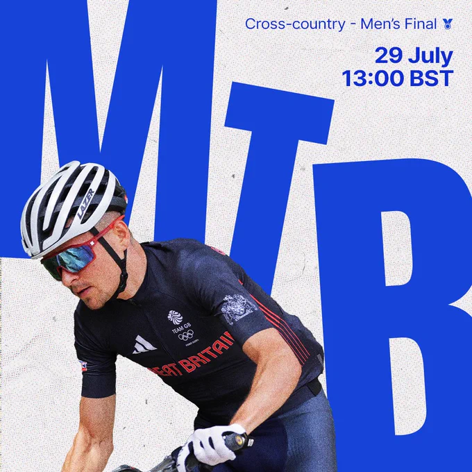 Graphic with Tom Pidock in orange and navy blue TeamGB kit in the foreground. Graphic says 'MTB. Cross-country, Men's Final. 29 July, 13:00 BST.' 