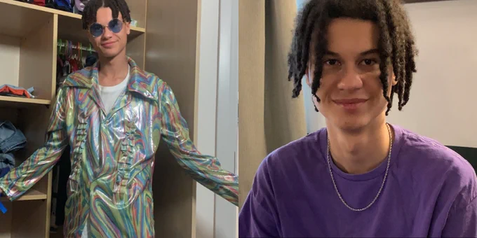 Two portraits of student Roudhan Beckwith. On the left, Roudhan is wearing a party suit and retro sunglasses, and posing. On the right is a close up of Roudhan who is smiling.