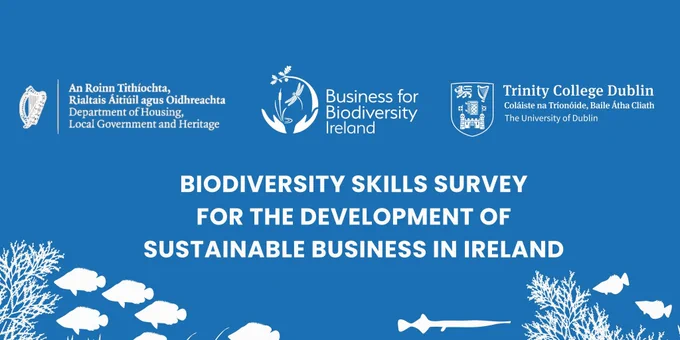 Poster in blue with white text, logos and silhouettes of fish