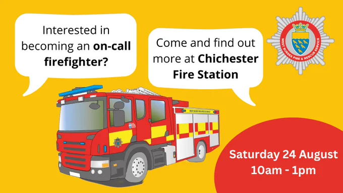 Interested in becoming an on-call firefighter? Come and find out more at Chichester Fire Station. Saturday 24 August. 10am to 1pm.