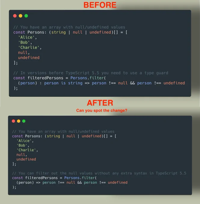 Two code snippets illustrating the changes in TypeScript 5.5 with "Inferred Type Predicates"