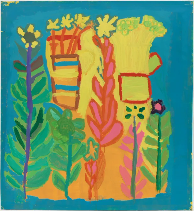 A painting by Will Stephens. A row of brightly coloured flowers are lined up. There is a back drop of blue and the colour yellow dominates the painting. The flowers look like sunflowers.