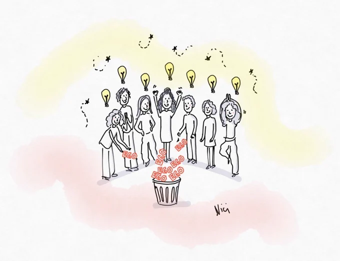 This illustration by Nici Butchart depicts a group of people standing around a bin. They have lightbulbs above their heads and they are throwing "ego" written in red into the bin together.