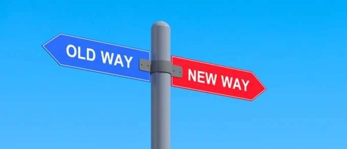 Image used to depict old way and new way using arrow signposts.