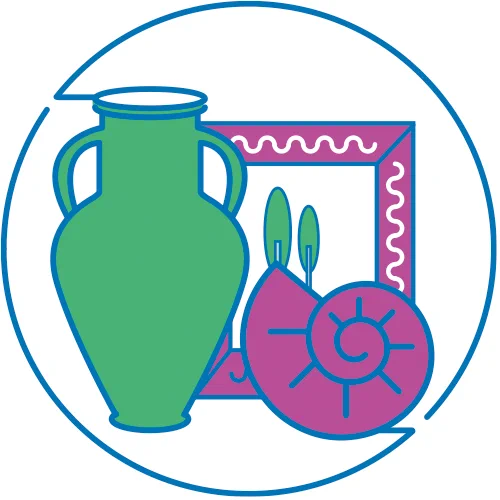Illustration of a vase, shell and picture in a frame