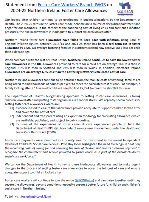 Screenshot of written statement on Northern Ireland Foster Care Allowances.