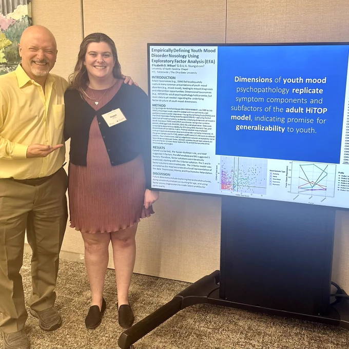 UNC graduate student Elizabeth Wilson presenting a research poster with Dr. Eric Youngstrom