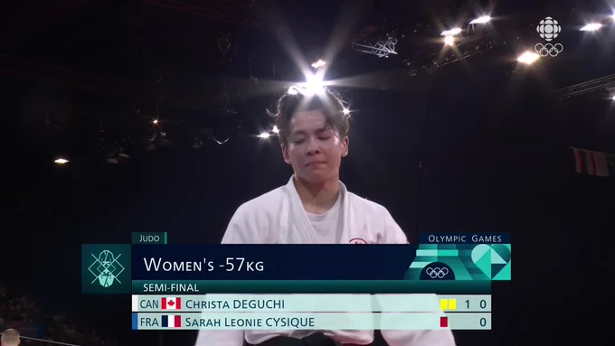 Women's judo athlete in the background of a women's 57 kilogram event results chart with Canada's Christa Deguchi and France's Sarah Leonie Cysique listed.