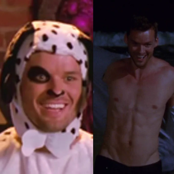 Left photo shows Austing Nichols as Julian smiling while wearing a dog costume. Right photo shows a shirtless Julian showing off his abs on the beach while stripping open his button down shirt. He smiles as he backs up into the ocean.