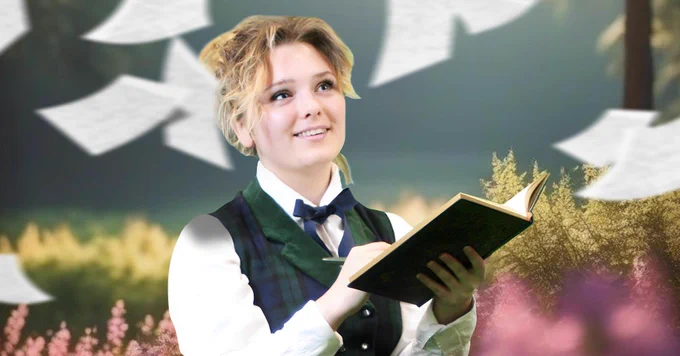 An actor stands around plants reading a book whilst pages fly all around them.