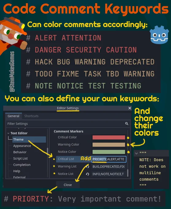 Certain code comment keywords allow you to add a dash of color to comments in Godot Engine. By default: ALERT, ATTENTION, DANGER, SECURITY CAUTION for Red. For yellow: HACK, BUG, WARNING, DEPRECATED, TODO, FIXME, TASK, TBD, WARNING. And for green: NOTE, NOTICE, TEST, TESTING. You can also add your own keywords in Editor -> Editor Settings -> Text Editor -> Theme  -> Comment markers