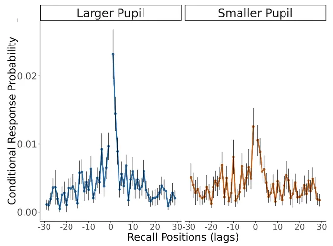 Plots showing recall (y-axis) as a function of the distance between objects at encoding (x-axis). Recall was more temporally organized when pupil sizes were larger (vs. smaller) at encoding. This is reflected in greater temporal contiguity and forward asymmetry effects (see paper for detail). 