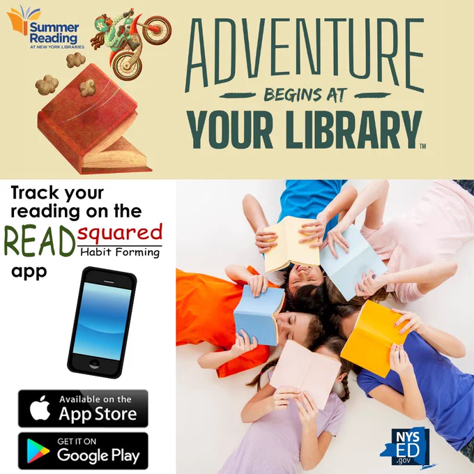 Image of kids reading together
Adventure Begins at Your Library
Track your reading on the READSquared app
Logo: NYSED.gov
Logo: Summer Reading at New York Libraries