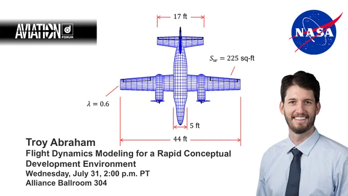 A smiling man in a blue oxford shirt and tie stands in front of a bright blue, vectored drawing of the top view of a propellered aircraft. 