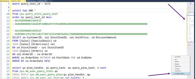 Screenshot of SSMS query editor with map scroll bar