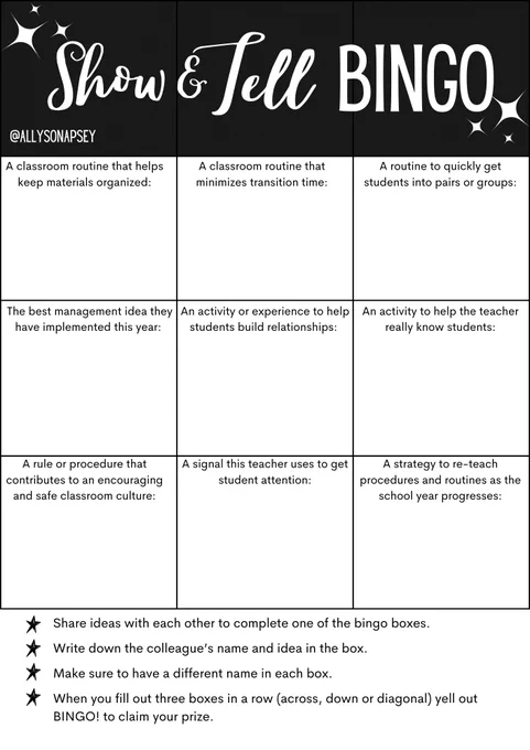 A screenshot of the form found at the Canva link, called "Show & Tell bingo." Each bingo square invites staff members to share a classroom strategy that works for them, such as "An activity or experience to help students build relationships."