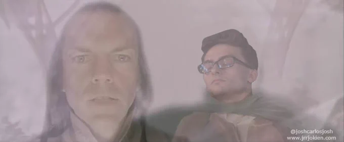 transparent elrond and frodo but with Stephen Nedoroscik's head (with closed eyes)