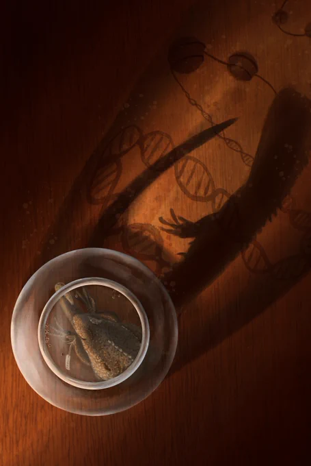 "Shedding new light on old specimens". Light passes through a jar containing a preserved lizard. The shadow that is cast on the table is that of the lizard, but also a DNA molecule and chromatin structure. Image by Julian Teh.