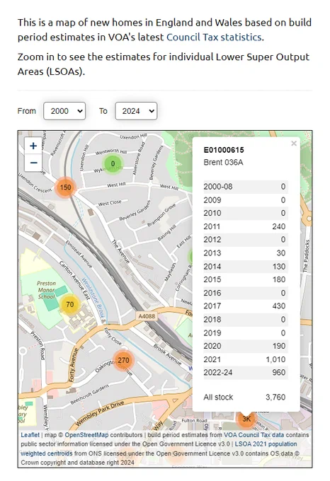 Screenshot of interactive map showing new build homes in England and Wales since 2000