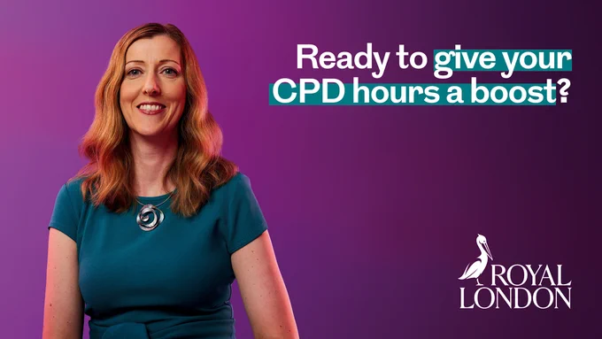 Purple background with a women on the left side and Royal London logo at the bottom right hand side of the image. Text overlay reads: Ready to give your CPD hours a boost?