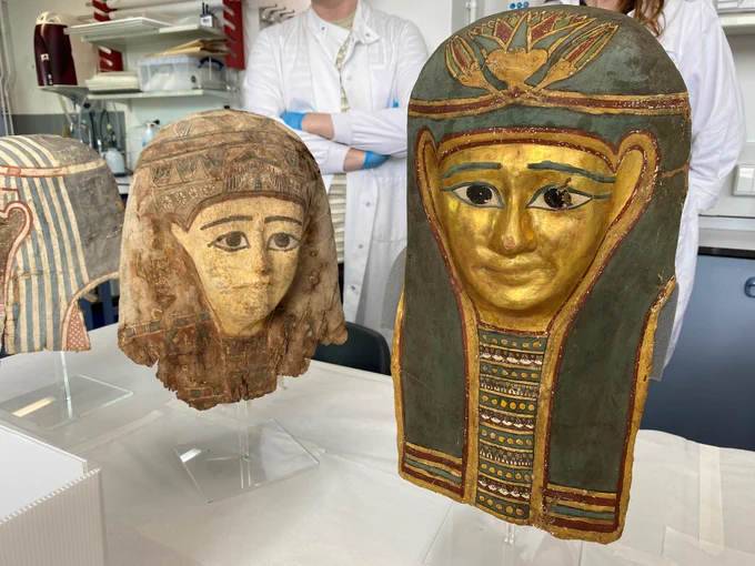 Cartonnage funerary masks of the Graeco-Roman Period, conserved in partnership with students and staff at University College London. Image by E Scrivens for the Egypt Exploration Society