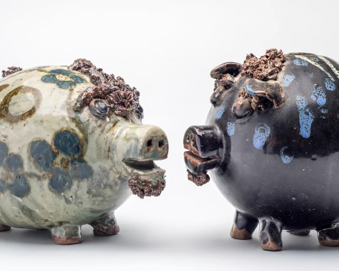 Two Stoneware Piggy Banks by Trevor Corser credit Leach Pottery