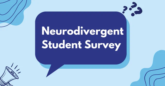 Light blue background with a dark blue speech bubble in the centre that says "Neurodivergent student survey". Surrounded by graphics of a megaphone and 3 question marks.