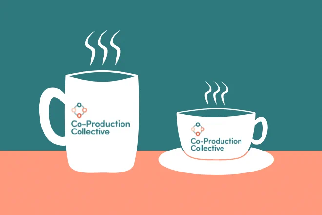 Illustration of a white coffee mug and a tea cup with the Co-Production Collective logo on - on an orange table with a teal background