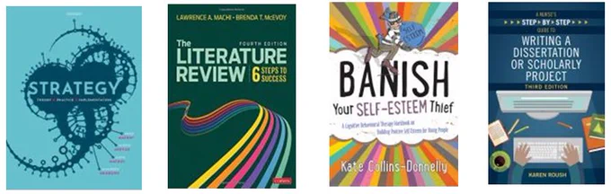 Four book images: Strategy, The Literature Review, Banish your self-esteem thief, and Writing a dissertation or scholarly project.