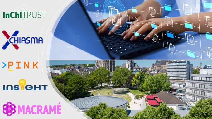 Composite picture with a photograph of the RWTH Aachen and the Dom of Aachen, a photo two hands on a keyboard, overlaid with a stylised work flow chart, and the logos of the InChI Trust, the CHIASMA Project, the PINK Project, the INSIGHT project, and the MACRAMÉ Project.