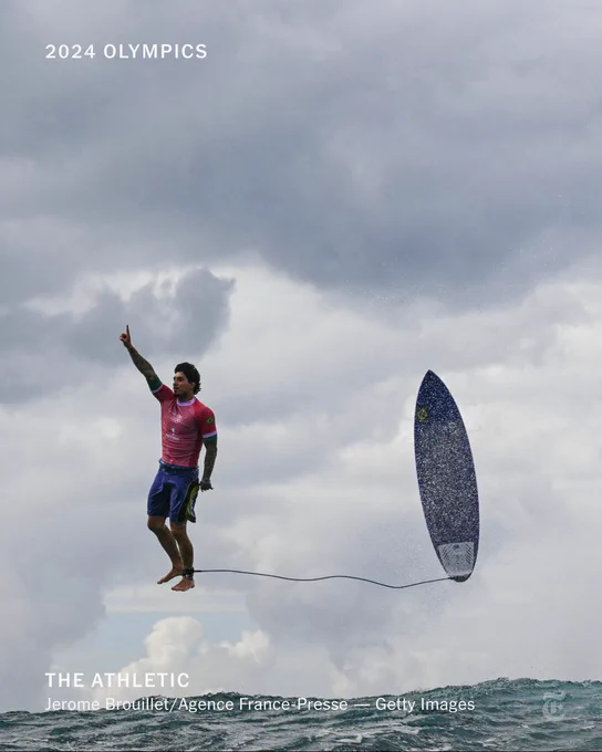 Brazil's Gabriel Medina reacts after getting a large wave in the 5th heat of the men's surfing round 3, during the Paris 2024 Olympic Games, in Teahupo'o, on the French Polynesian Island of Tahiti.
