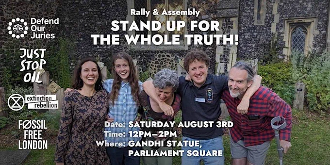 Photo of the "Whole Truth Five" with details of a Rally and Assembly happening on Saturday August 3rd 12pm-2pm 2024 Parliament Square, London