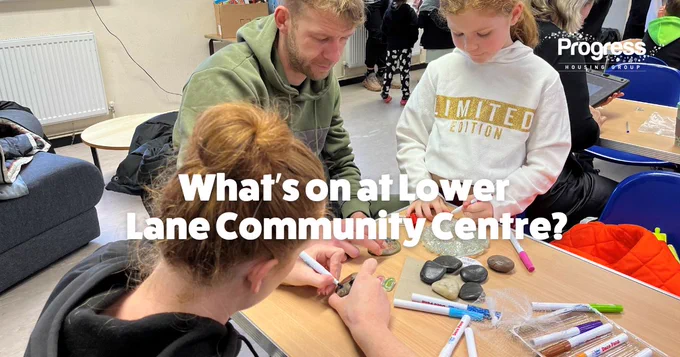 What's on at Lower Lane Community Centre? Image of a young girl painting pebbles with her mum and dad at the centre.