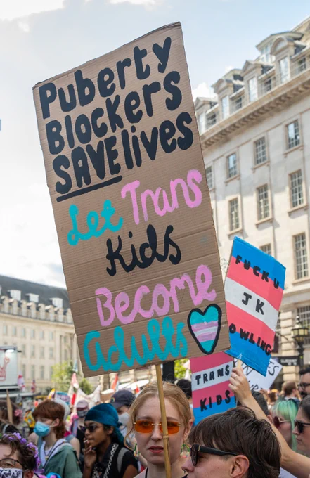 a placard that says puberty blockers save lives, let trans kids become adults