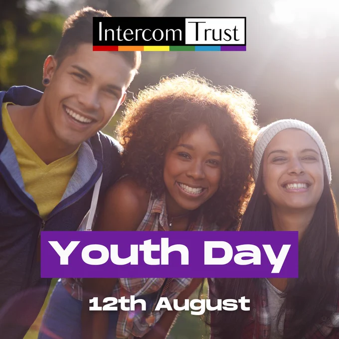 [ID: a page showing three young people smiling. A title in a purple text box reads 'Youth Day'; a subtitle in white reads '12th August'. The Intercom logo is at the top of the page.]