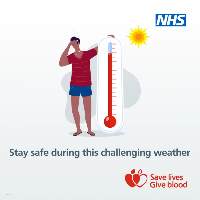 Image shows a cartoon character looking hot and sweaty. He is stood next to a thermometer. Caption reads Stay safe during this challenging weather.