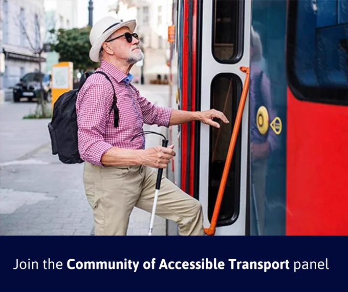 A person with a visual impairment carrying a white stick boards a public bus with text 'Join the Community of Accessible Transport panel'